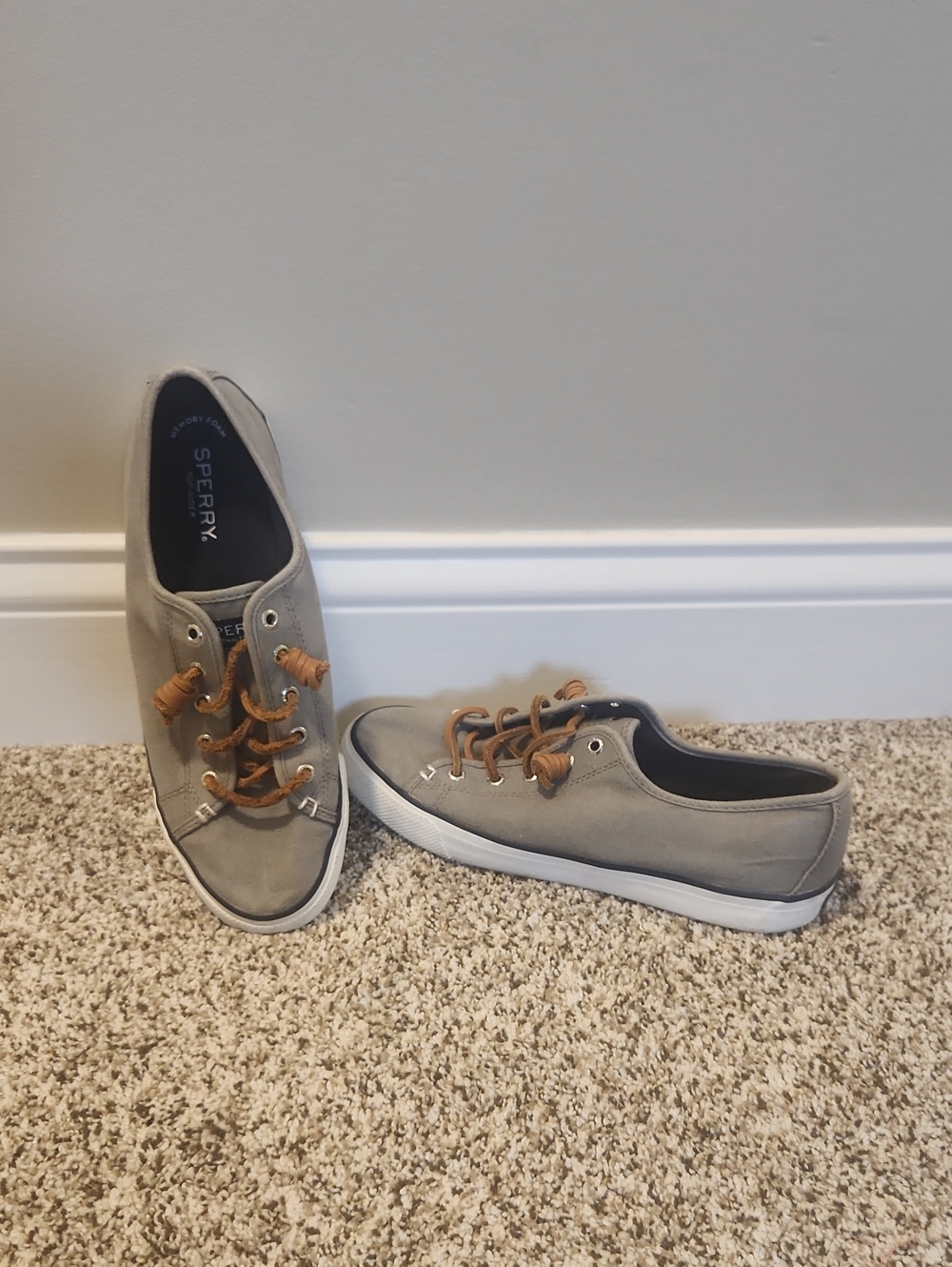 Sperry Women’s Gray Canvas Boat Shoes with Tan Laces